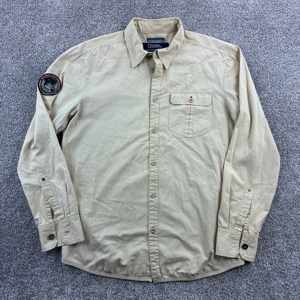National Geographic Shirt Mens XL Tan Cotton Long Sleeve Safari Explorer Patch